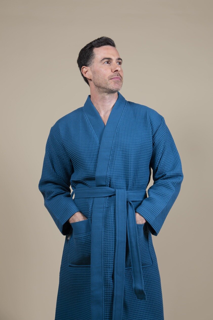 Herren Kimono Bademantel Azurblau